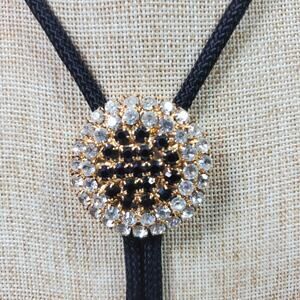 Vintage Bolo Tie Necklace 34 Inch Black White Rhinestone w/ Black Rope